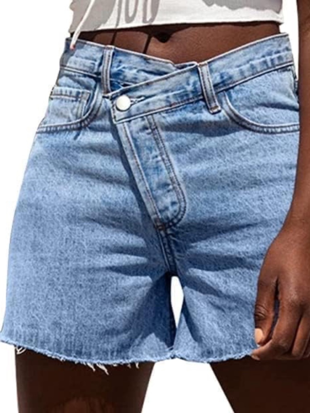 Crossover High Waisted Denim Shorts Cutoff Raw Hem Stretchy Light Wash XL